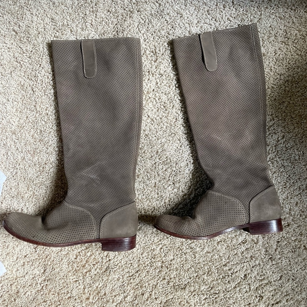 Candela NYC beige perforated leather knee high boots, size 7